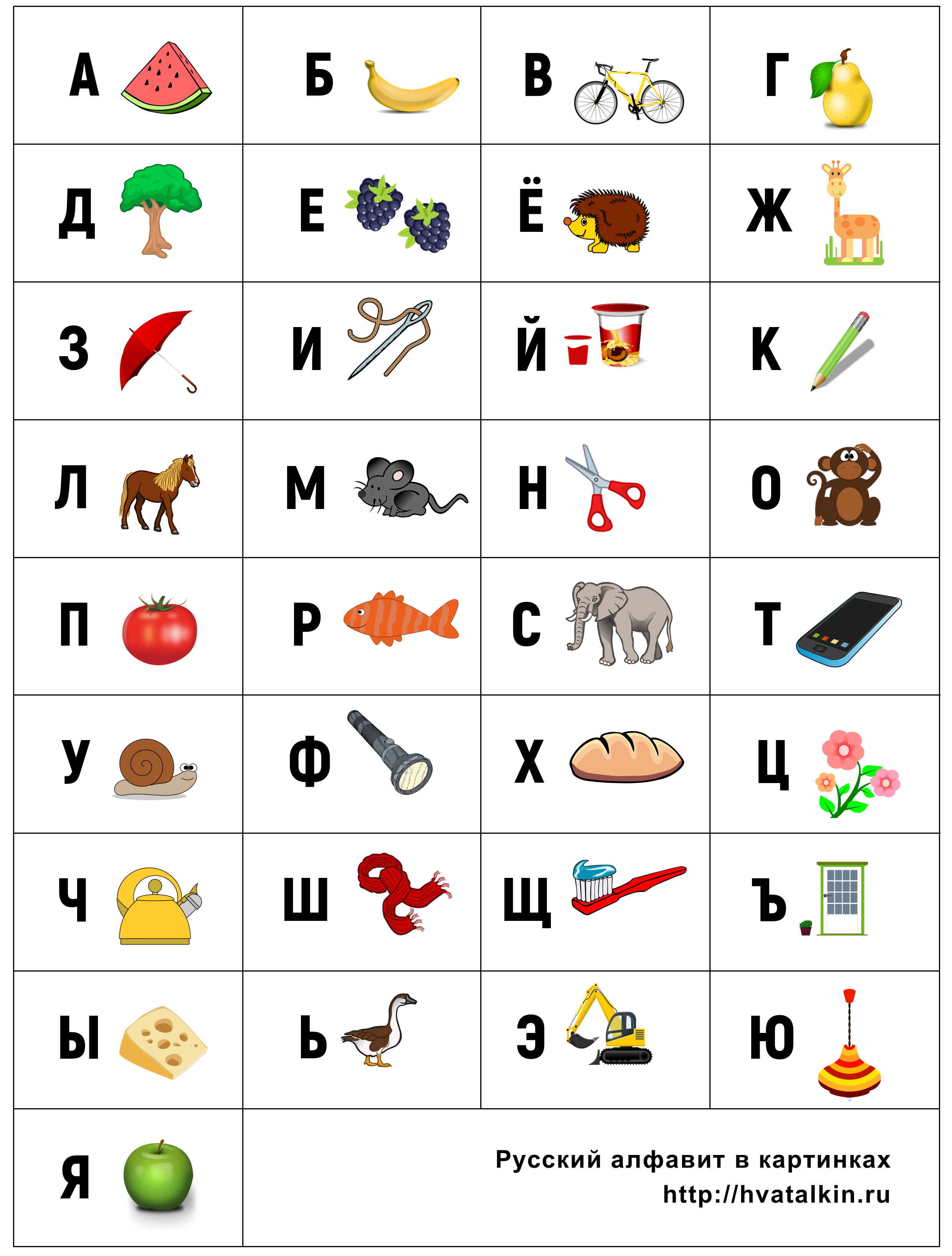 Русский Алфавит в картинках с сеткой